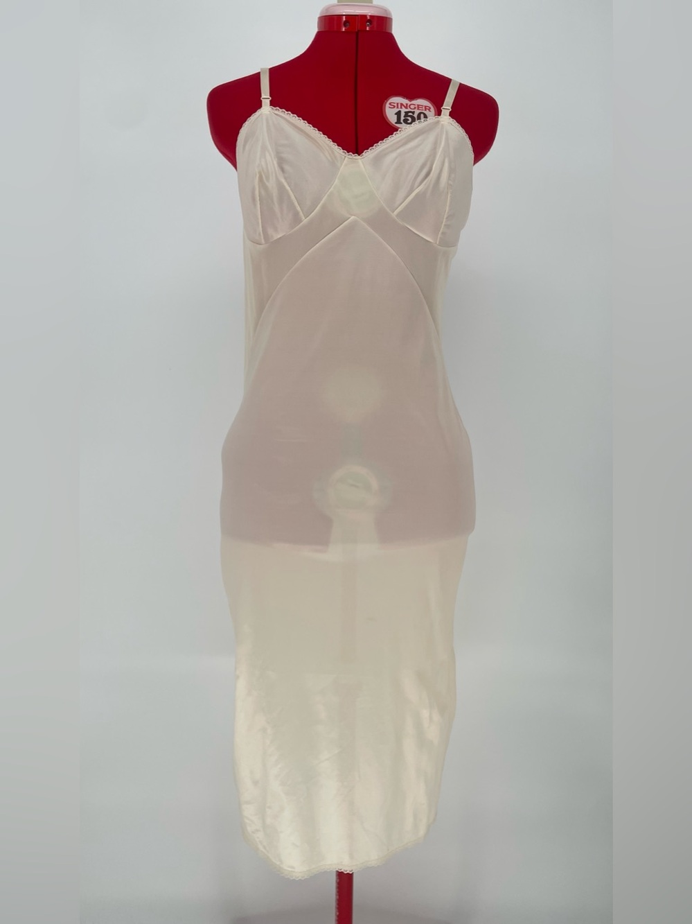 Vintage Cream Nude 100% Nylon Midi Length Full Slip Dress W/ Waist Panels